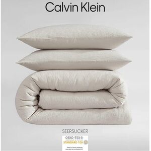 Calvin Klein 3pc Seersucker Beige Queen Textured Duvet Cover Set NWT